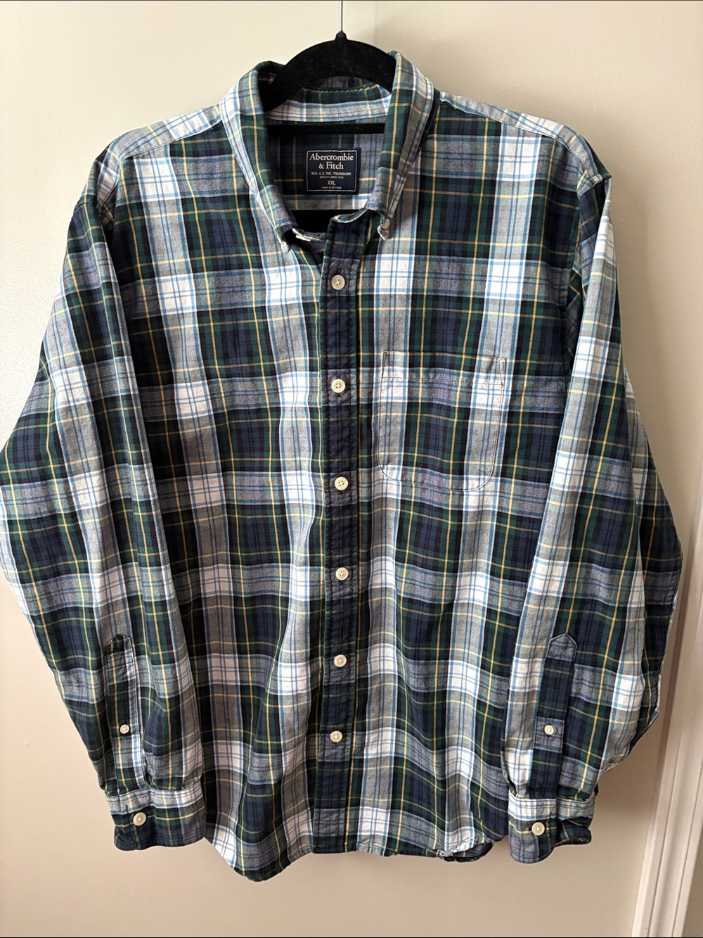 Abercrombie & Fitch Navy, Green & White Plaid Button-Down Shirt